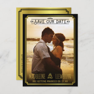 Carte Postale Faire-part Enregistrer la date Retro Black Gold Deco Mariage 