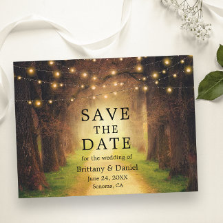 Carte Postale Faire-part Enregistrer La Date Rustic Forest Path String Ligh