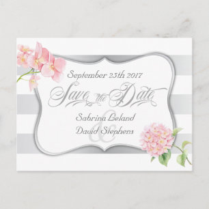Carte Postale Faire-part Enregistrer la date Silver Stripes et Pink Hydrang
