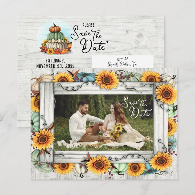 Carte Postale Faire-part Enregistrer la date Sunflower Citrouille Fall Farm (Devant / Derrière)