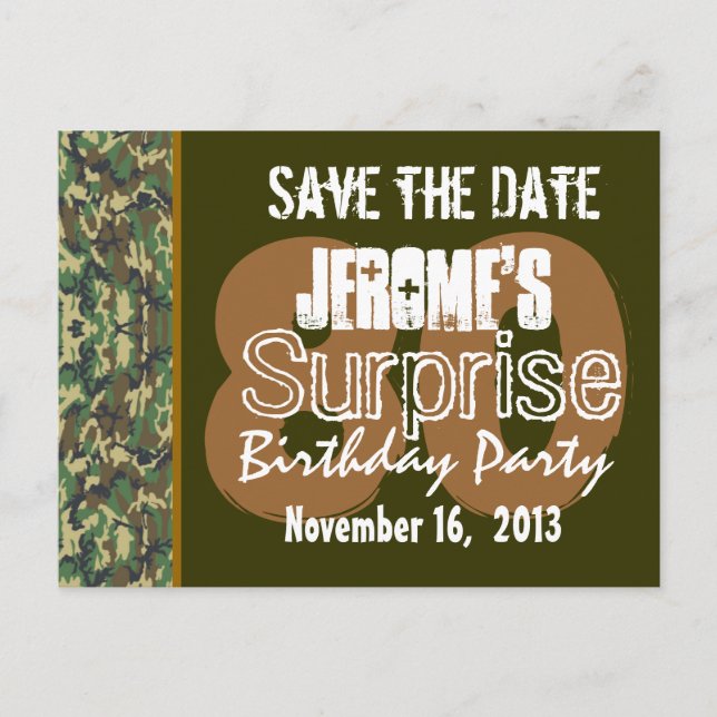 Carte Postale Faire-part Enregistrer la date Surprise 80e partie CAMO V02 (Devant)
