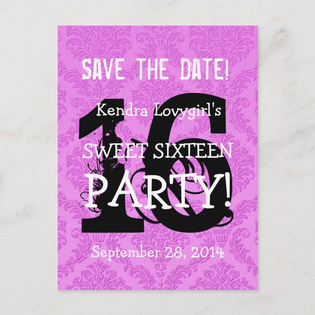Carte Postale Faire-part Enregistrer la date Sweet 16 Anniversaire Fête A06 (Devant)