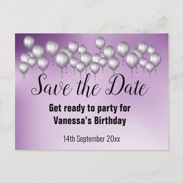 Carte Postale Faire-part Enregistrer la date Violet Ballons Toutes les occa (Devant)