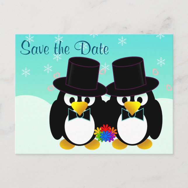 Carte Postale Faire-part Enregistrer les pingouins Mariages de date (Devant)