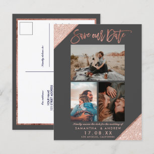 Carte Postale Faire-part Enregistrer notre date rose or gris photo grille c