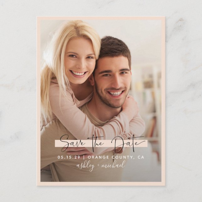 Carte Postale Faire-part Enregistrez la date Calligraphie Photo Rose Mariag (Devant)