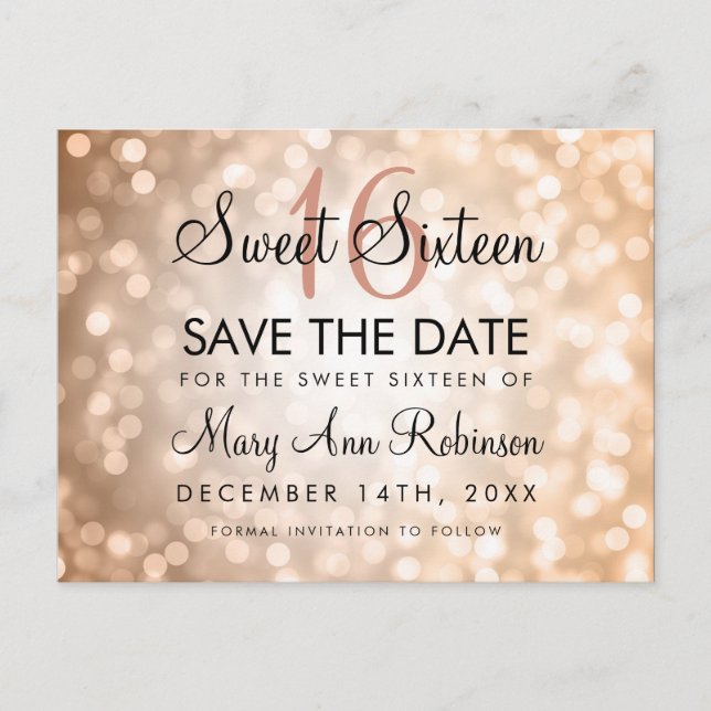 Carte Postale Faire-part Enregistrez la date de votre 16 ans Rose Gold Pail (Devant)