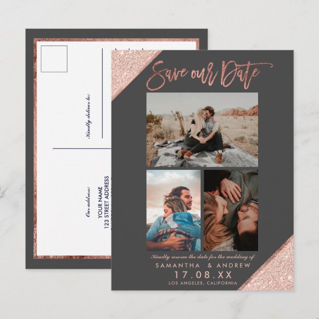 Carte Postale Faire-part Enregistrez notre date rose gold gris grille de co (Devant / Derrière)