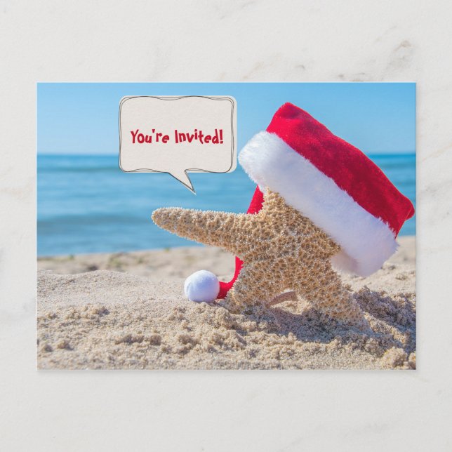 Carte Postale Faire-part Estarfish de Noël avec casquette sur la plage (Devant)