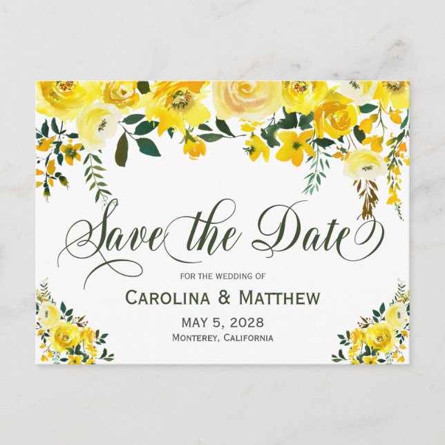 Carte Postale Faire-part Été jaune floral mariage save the date (Devant)