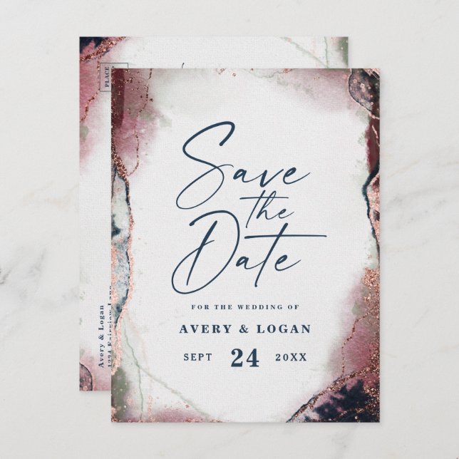 Carte Postale Faire-part Éthérée Burgundy & Navy Mariage Épargnez la Date (Devant / Derrière)