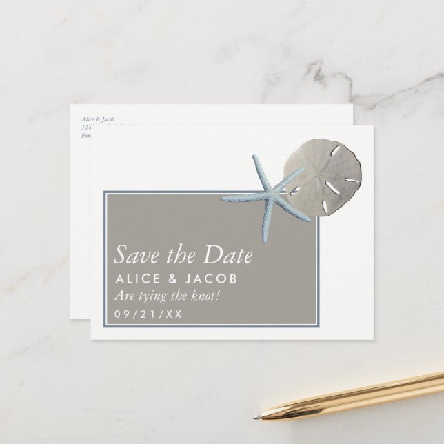 Carte Postale Faire-part Étoile de mer et dollar des sables - Plage Enregis (Devant/Arrière en situation)