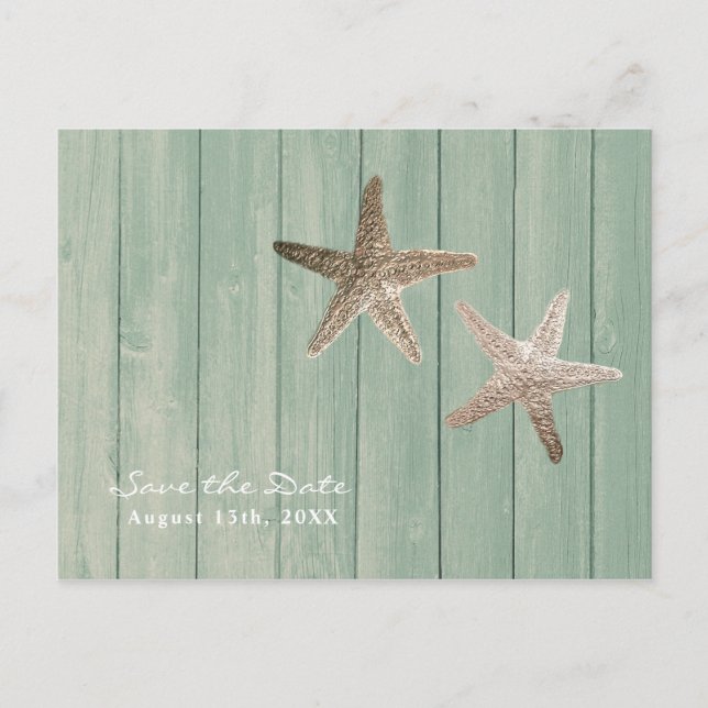 Carte Postale Faire-part Étoile Dorée & Bois Élégant Beach Save the Date (Devant)