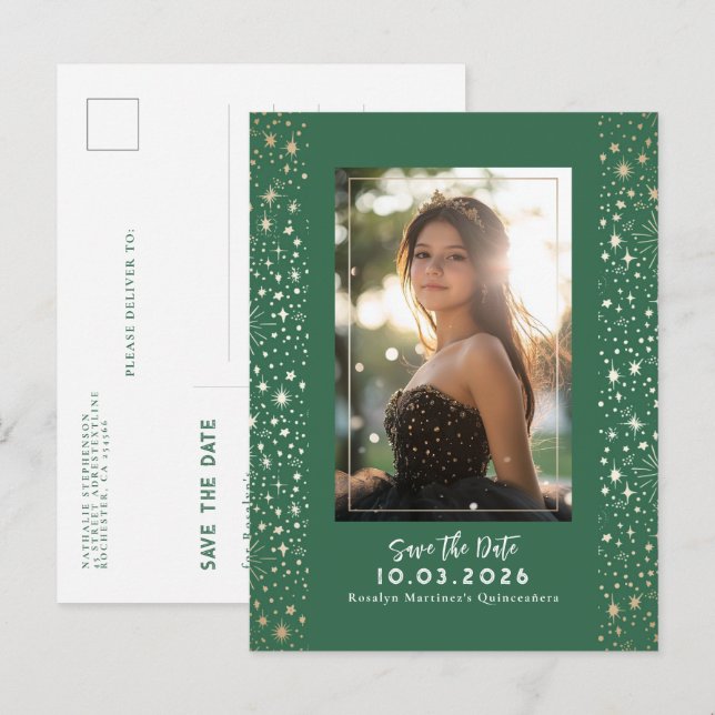 Carte Postale Faire-part Étoiles Céleste QUINCEANERA Enregistrer la Date Ph (Devant / Derrière)