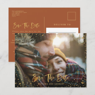 Carte Postale Faire-part Étoiles dorées script photo mariage moderne