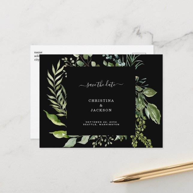 Carte Postale Faire-part Eucalyptus Black Mariage QR Code Enregistrer la da (Devant/Arrière en situation)
