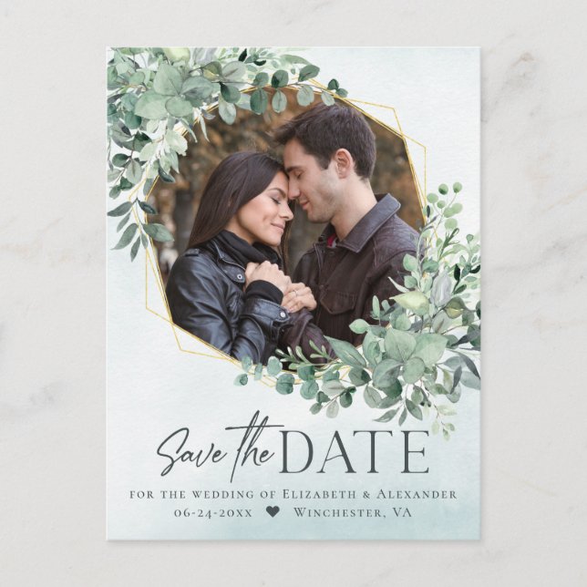 Carte Postale Faire-part Eucalyptus Bleu Poussiéreux Mariage Photo Enregist (Devant)