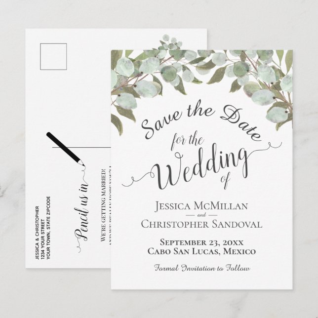 Carte Postale Faire-part Eucalyptus & Boho de verdure Mariage Enregistrer l (Devant / Derrière)