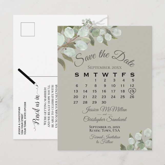 Carte Postale Faire-part Eucalyptus Calendrier Sage Wedding Enregistrer la  (Devant / Derrière)