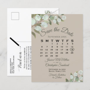 Carte Postale Faire-part Eucalyptus Calendrier Taupe Mariage Enregistrer la