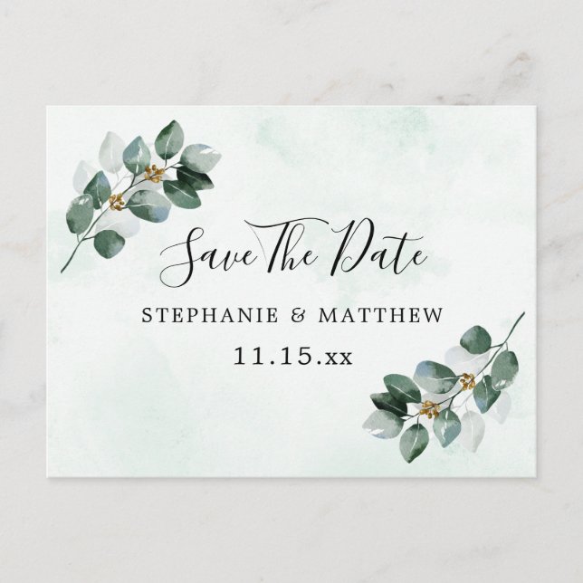 Carte Postale Faire-part Eucalyptus Feuilles Mariage Élégant Enregistrer La (Devant)