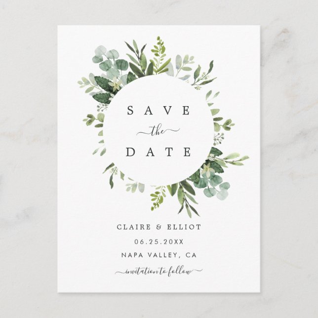 Carte Postale Faire-part Eucalyptus Foliage Circle Frame Enregistrer la dat (Devant)
