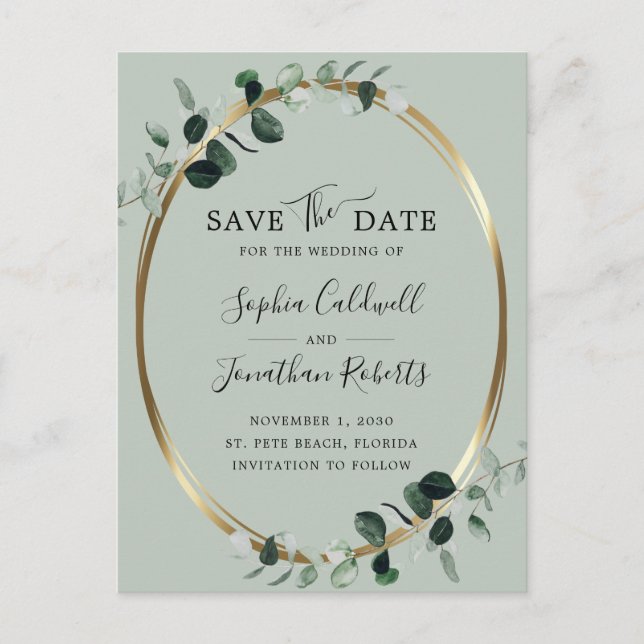 Carte Postale Faire-part Eucalyptus Gold Metallic Sage Enregistrer la date (Devant)