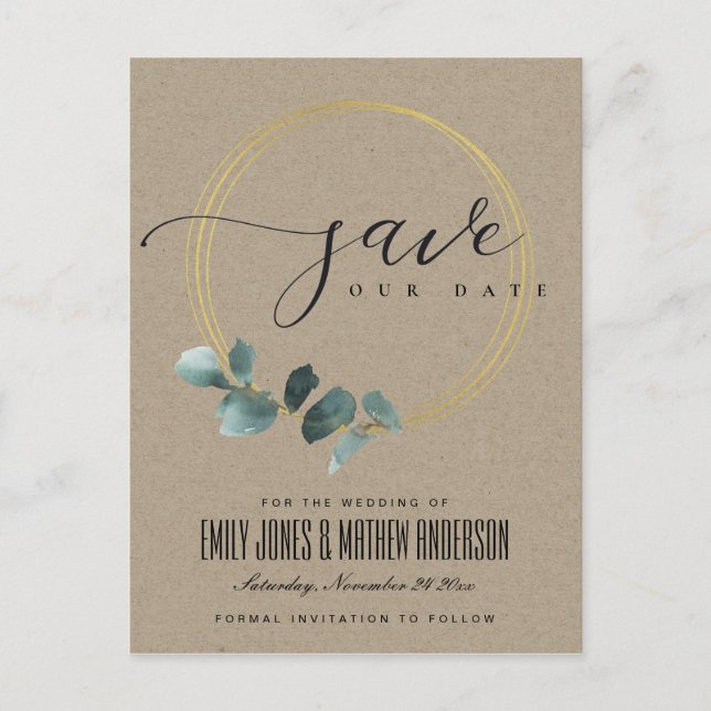 CARTE POSTALE FAIRE-PART EUCALYPTUS GREEN KRAFT FAUNA WREATH SAUVER LA DATE (Devant)