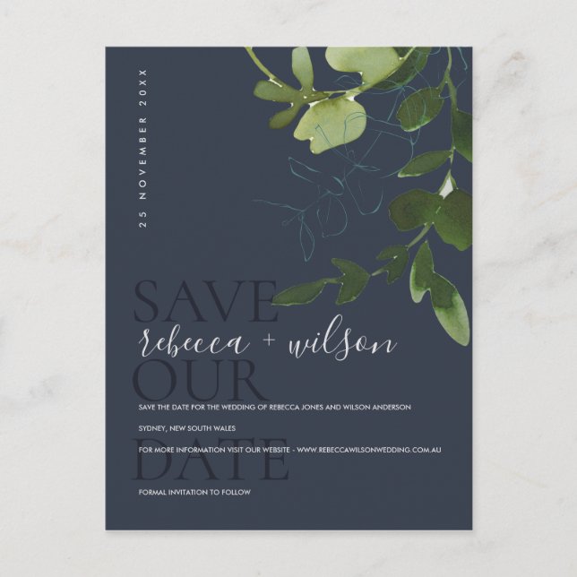 CARTE POSTALE FAIRE-PART EUCALYPTUS GREEN NAVY WATERCOLOR ENREGISTRER LA DA (Devant)