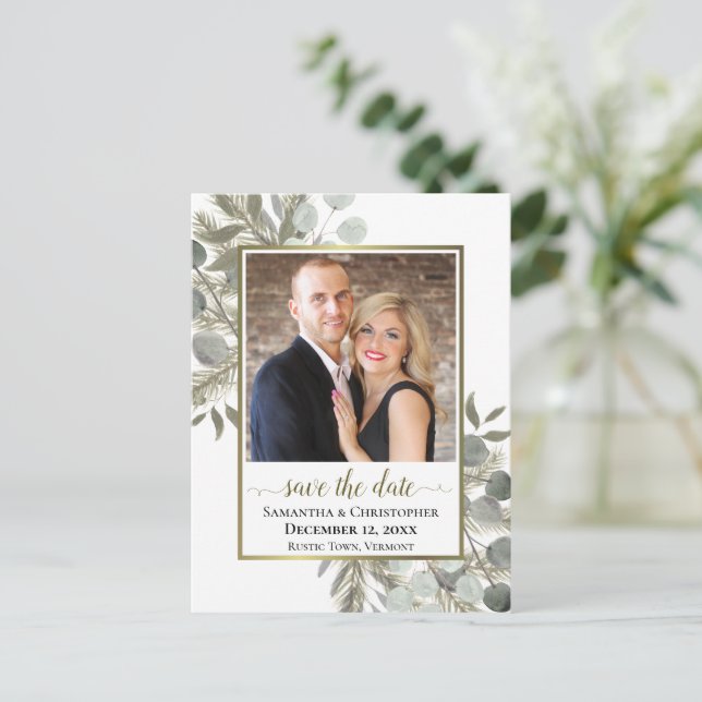 Carte Postale Faire-part Eucalyptus & Mariage de pin Enregistrer la date Ph (Debout devant)