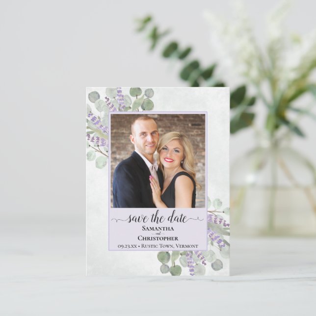 Carte Postale Faire-part Eucalyptus Mariage violet Enregistrer la date Phot (Debout devant)