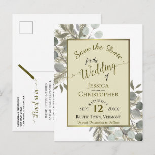 Carte Postale Faire-part Eucalyptus & Pine Boho Gold Wedding Enregistrer la