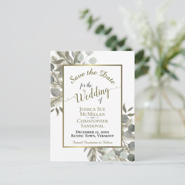 Carte Postale Faire-part Eucalyptus rustique & Mariage de pin Enregistrer l (Debout devant)