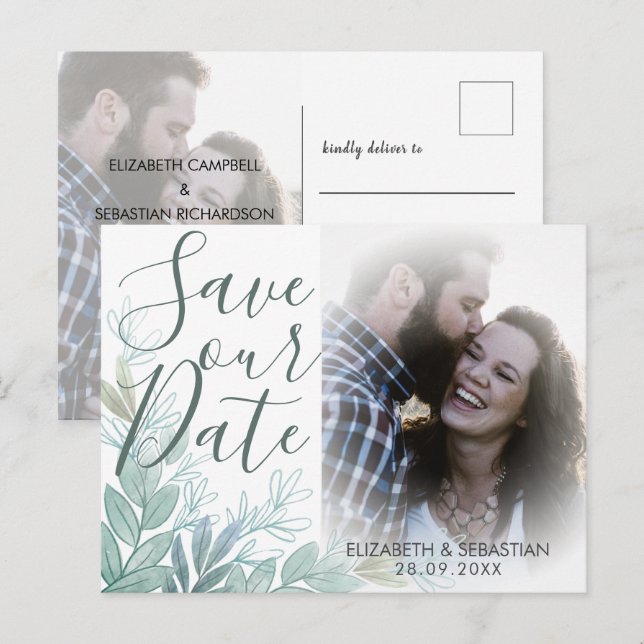 Carte Postale Faire-part Événement de mariage avec feuillage de style moder (Devant / Derrière)