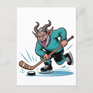 Carte Postale Faire-part Evil Krampus Jouer Hockey sur glace Sport de Noël