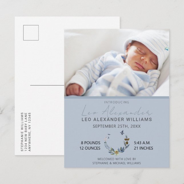 Carte Postale Faire-part Faire annonce de naissance de bébé garçon avec fle (Devant / Derrière)