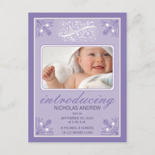 Carte Postale Faire-part Faire annonce de naissance de bébé vintage (violet