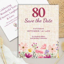 Faire part de 80e anniversaire élégant floral lin