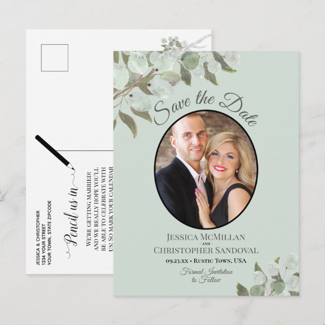 Carte Postale Faire-part Faire part de mariage Eucalyptus & Photo Menthe (Devant / Derrière)