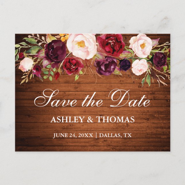 Carte Postale Faire-part Faire part de mariage floral en bois rustique bord (Devant)