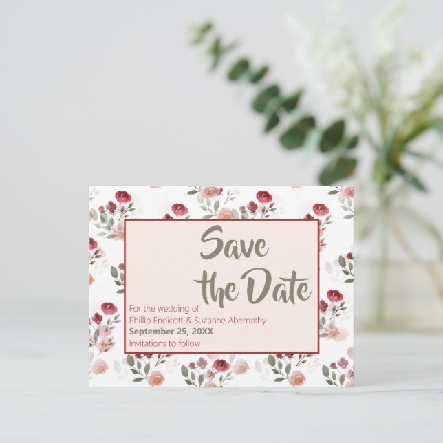 Carte Postale Faire-part Faire part de mariage motif Roses Bourguignon Rosé (Debout devant)
