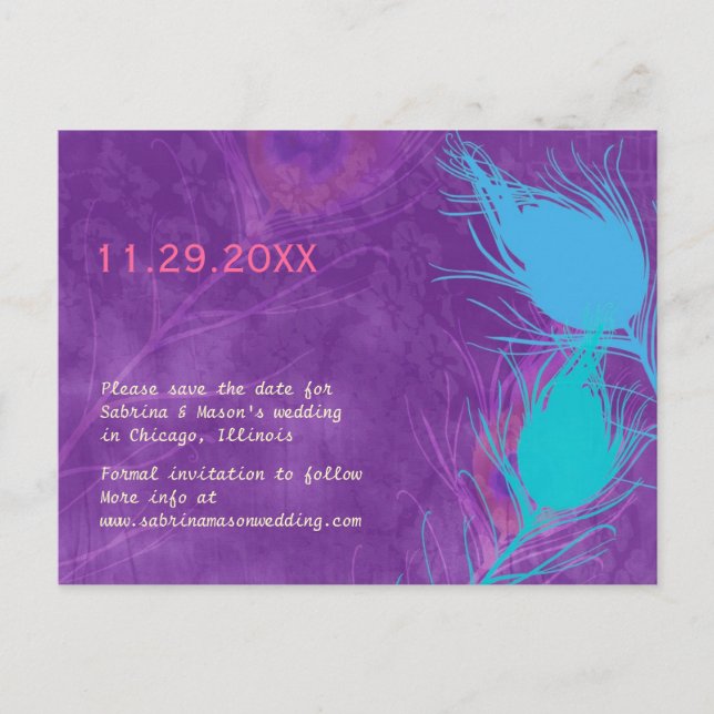Carte Postale Faire-part Faire part de mariage Paon sarcelle bleu violet En (Devant)