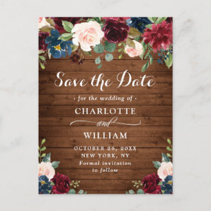 Carte Postale Faire-part Faire part de mariage rustique Burgundy Blue Blush