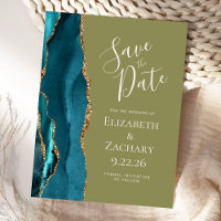 Faire part de mariage vert olive Agate or sarcelle