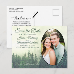 Carte Postale Faire-part Faire part ovale photo de pins verts brumeux Save