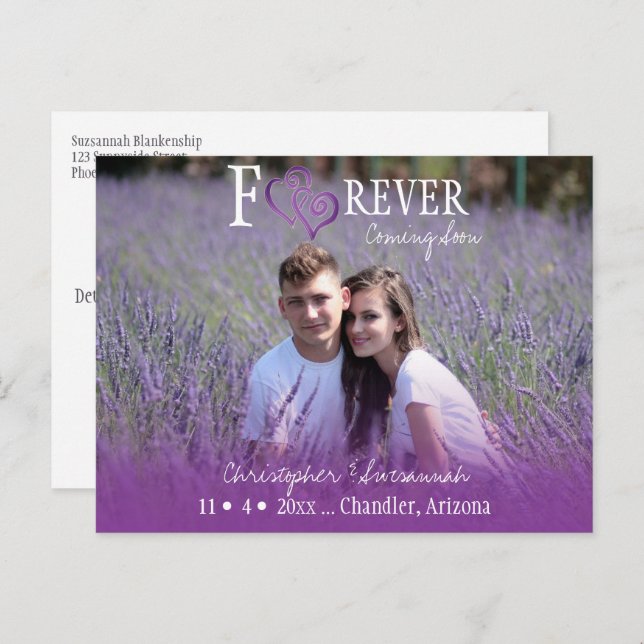 Carte Postale Faire-part Faire part "Save The Date" Cœurs violets liés FORE (Devant / Derrière)