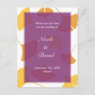 Carte Postale Faire-part Falling ginkgo mariage feuille violet enregistrer 