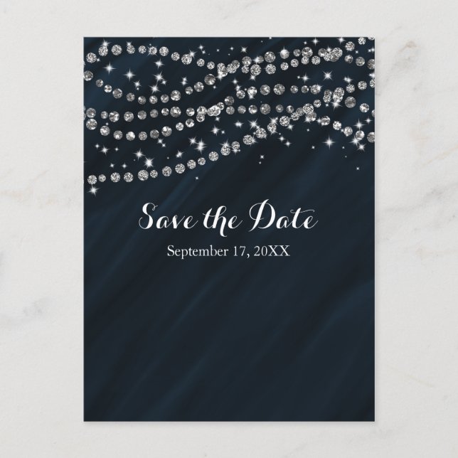 Carte Postale Faire-part Faux Diamant Bleu & Argent Brillant Save The Date (Devant)