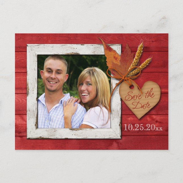 Carte Postale Faire-part FAUX Wood, Feuille, Coeur Enregistrer la date Cart (Devant)
