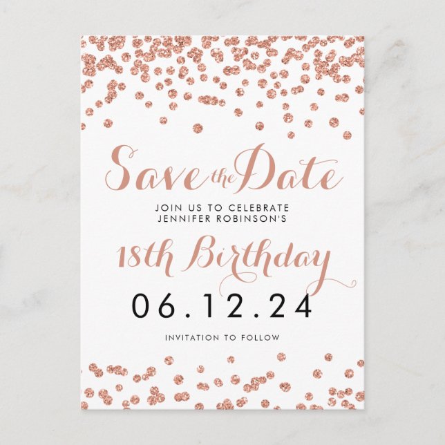 Carte Postale Faire-part Fête d'anniversaire Rose Gold Glitter Confetti à r (Devant)